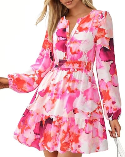 BTFBM Spring Dresses for Women 2026 Mini Long Sleeve Elastic Waist Summer Vacation Outfits Floral Wedding Guest Dress(Red, Medium) - Image 1