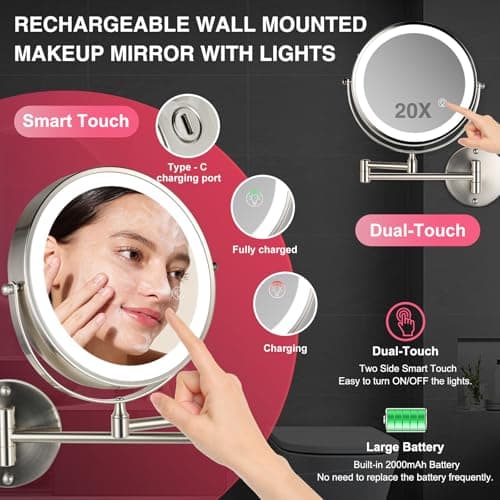GREENFROM 8.5 Inch Magnifying Mirror with Lights, Wall Mounted Makeup Mirror, Dual-Sided 1X/20X, Bright LED Lighting, Space-Saving Design for Bathroom & Vanity, Brushed Nickel - Thumbnail 2