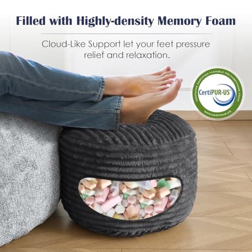INSPIRE CRAFTER Round Pouf Ottoman,Corduroy Poufs with Memory Foam Filling for Foot Rest,Soft Footstool for Living Room,20"x 15",Dark Grey - Thumbnail 4