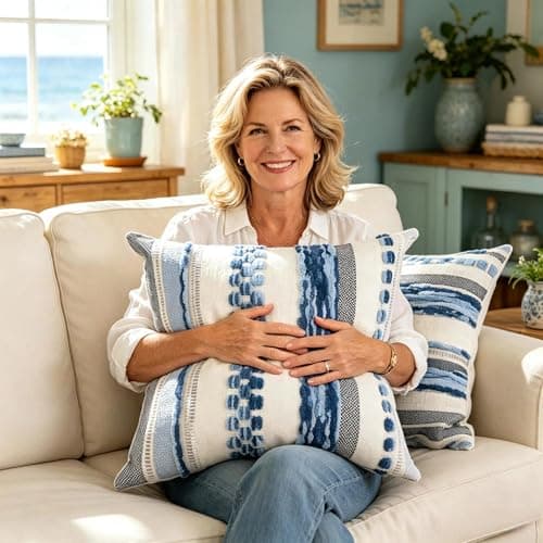 yuboo Summer Coastal Decorative Throw Pillows Set of 2, 18x18 Blue and White Textured Tufted Pillow Covers, Nautical Beach House Decor for Couch, Sofa, Bedroom and Patio (Inserts Not Included) - Thumbnail 2