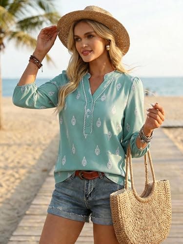 GRACE KARIN Boho Tops for Women Summer, Dressy Casual Floral Blouses, V Neck Button Up 3/4 Sleeve Shirts for Vacation Light Green L - Thumbnail 2
