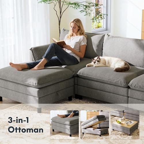 FLEXISPOT SF6 Cloud Sectional Couch for Living Room with Reversible Ottoman, 100.4" L-Shaped Modular Sectional Sofa with Storage, 3-Seater Comfy Sofa Couch for Apartment, Chenille Gray - Thumbnail 3
