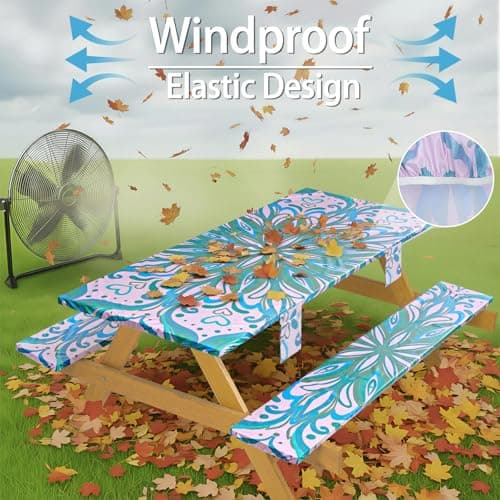 memKiya Fitted Waterproof Picnic Table Cover with Bench Covers Elastic Polyester 96in Camping Tablecloths for 8Foot Rectangle Tables Summer Fall Glamping Roadtrip Stuff Festival Vacation Items Gift - Thumbnail 4