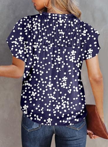 Dokotoo Womens Juniors Summer Tops 2026 Fashion Trendy Casual Dressy Spring Smocked Short Sleeve T Shirts Alicia Flower Print V Neck Business Work Tunic Bohemian Floral Top Medium Blue - Thumbnail 3