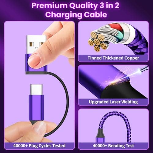 Travel Essentials 3in2 Multi Charging Cable for iPhone Watch Charger,USB A/C to Type C/IP/iWatch Charger,Travel Chargers for Multiple Devices Compatible with iWatch Series&iPhone 16-12（2PACK,5FT） - Thumbnail 5