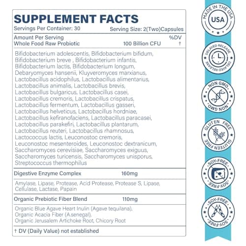 Raw Probiotics for Women & Men - 100 Billion CFU, 35 Strains, Organic Prebiotics & Natural Digestive Enzymes for Digestive, Gut & Immune Health - Dairy, Soy and Gluten Free, Non-GMO, 60 Vegan Capsules - Thumbnail 2