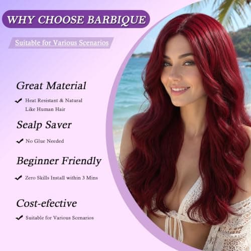 Barbique Burgundy Synthetic Wig for Women, Long Body Wave Wig Middle Part, Glueless Wig for Daily Wear, Heat Resistant Hair - Thumbnail 3