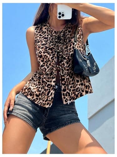 GORGLITTER Women's Cheetah Print Top Sleeveless Bow Tie Front Peplum Babydoll Vest Tops Going Out Blouse Shirt Brown X-Small - Thumbnail 4