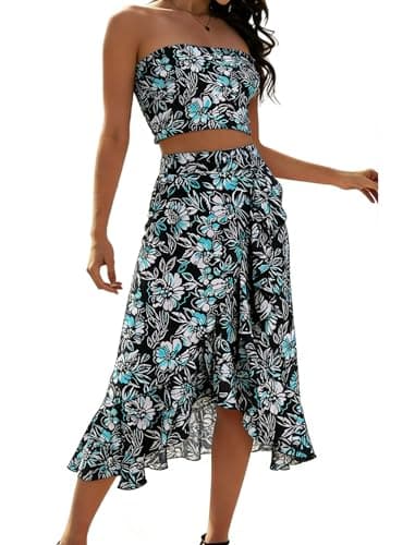 Angashion Women's 2 Piece Dress Floral Crop Top Maxi Skirt Set Outfit Dress with Pockets 2501 Green X-Large