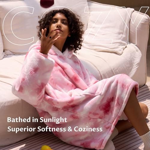 Kipswiza Wearable Blanket Hoodie - Oversized Soft Cozy Sherpa Fleece Hooded Blankets Sweatshirt as Gifts for Women Mother Daughter Girlfriend, Pink Tie Dye - Thumbnail 5