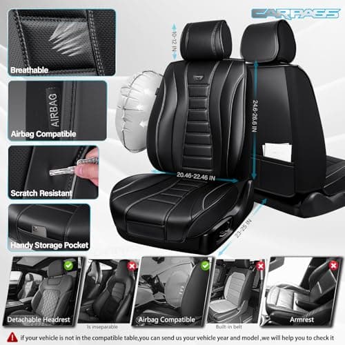 CAR PASS Nappa Leather Seat Covers 2, Waterproof Universal FIT Piping Leather Car seat Covers Front Seats, 3D Foam Front Seat Cover for Cars,SUV,Trucks Airbag Compatible Luxury&Comfort&Durable Black - Thumbnail 3