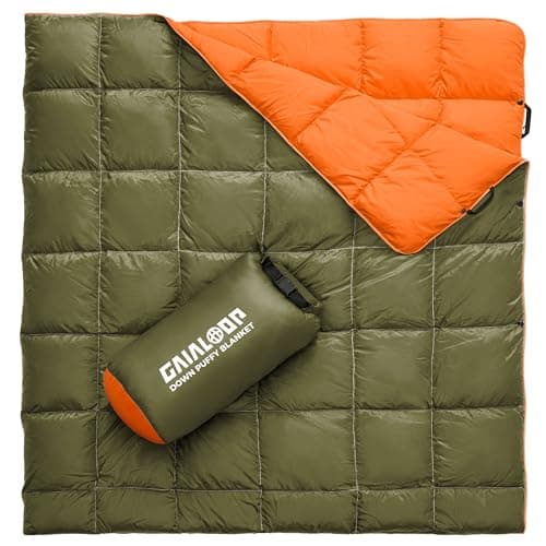 Gaialoop Down Puffy Blanket for 2 Person Car Camping Outdoor Travel Backpacking, 80% Duck Down & 20% Feather Lightweight Portable Soft Warm Cozy Camping Blanket Quilt, Olive Green - Image 1