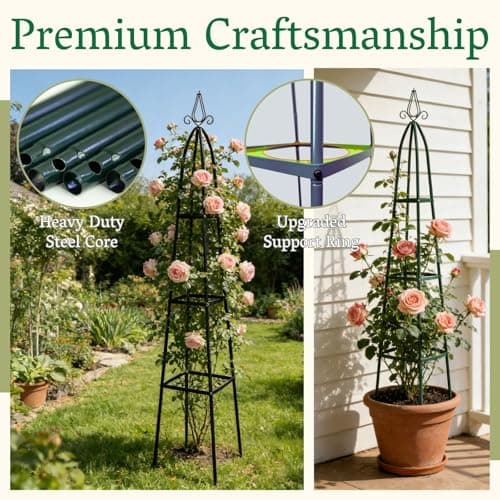 100% Metal Garden Obelisk Trellis for Climbing Plants Outdoor | Powder-Coated Steel Tall Garden Teepee Trellis | Sturdy Vertical Plant Support for Potted Plants Peas, Beans, Squash Outdoor & Indoor - Thumbnail 6