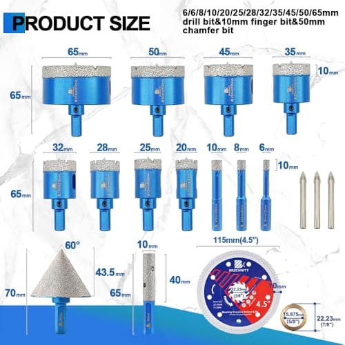 BRSCHNITT Diamond Tile Hole Saw Kit with Pilot Bit - (6-65mm) Dry Diamond Core Drill Bit Triangle Shank&Tile Blade for Porcelain Tile Ceramic Stone Granite Marble - Thumbnail 2