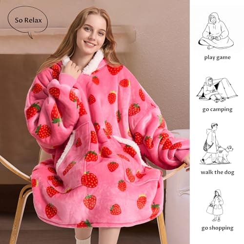 Kipswiza Strawberry Wearable Blanket Hoodie - Soft Cozy Sherpa Fleece Oversized Hooded Blankets Sweatshirt Birthday Gifts for Women Girls Mom Daughter Adult - Thumbnail 4