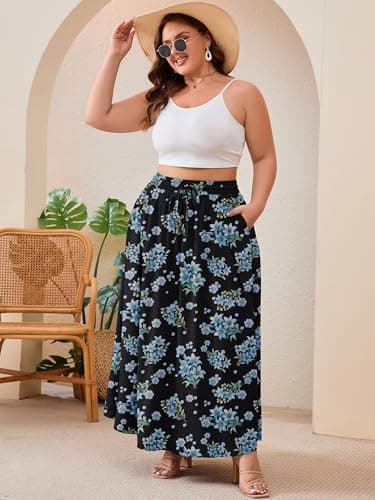 AusLook Plus Size Maxi Skirt for Women High Waisted Elastic Waist Flowy A Line Long Black Blue Lily Bouquet 4X Skirt with Pockets Casual Summer Beach Vacation - Thumbnail 4