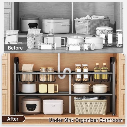 MeiChaoMeiJia Under Sink Organizers and Storage, 2 Tier Expandable Length Adjustable Height Under Sink Organizer, Easy Assembly Heavy Duty Carbon Steel Space Saving Under Cabinet Shelf Storage Rack - Thumbnail 3