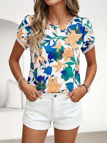 PRETTYGARDEN Womens Spring Tops 2026 Casual Crewneck Lace Crochet Short Sleeve Shirts Floral Boho Blouse Loose Tunic Top(White Blue Flower,X-Small) - Thumbnail 2