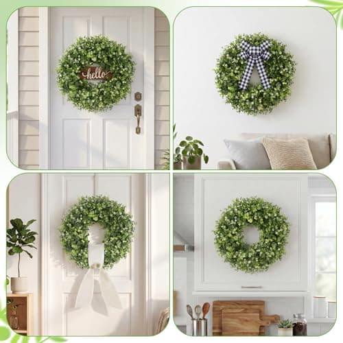 20" Boxwood Wreaths for Front Door, Green Wreath for Ourside All Season - Thumbnail 4