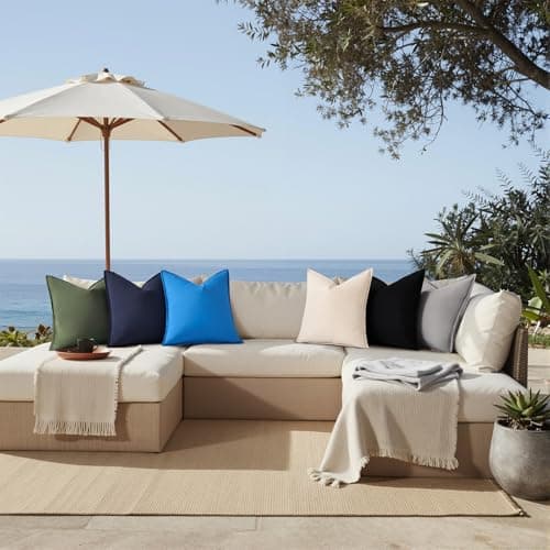 decorUhome Waterproof Faux Linen Outdoor Throw Pillow Covers 18x18 Inch Set of 2 Decorative Natural Farmhouse Pillow Cases with Flange Edges for Summer Couch Garden Patio Balcony Porch, Navy Blue - Thumbnail 6