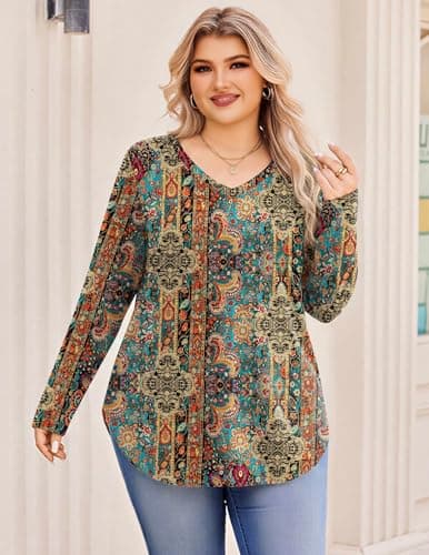 IN'VOLAND Boho Tops for Women Long Sleeve Shirts V Neck Casual Tunic Shirt - Thumbnail 2