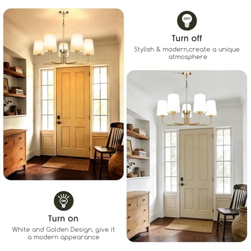 Tadpole Jump Farmhouse Chandelier 5 Lights Chandeliers for Dining Room with White Fabric Shade Rustic Gold Dining Room Light Fixture for Kitchen Bedroom Living Room - Thumbnail 3
