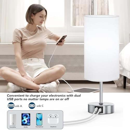 ROTTOGOON 12.8" Touch Control Table Lamp, 3-Way Dimmable Small Bedside Nightstand Lamp with 2 USB Ports, Modern Table Lamps with 6500K Daylight LED Bulb for Bedroom Living Room - Thumbnail 4