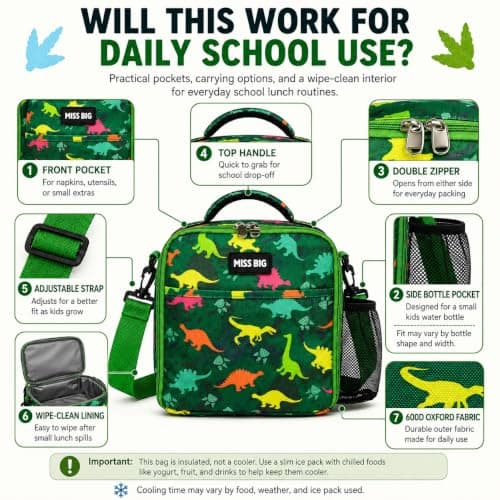 MISS BIG Dinosaur Kids Lunch Bag for Boys, Insulated School Lunch Bag, 5L - Thumbnail 6
