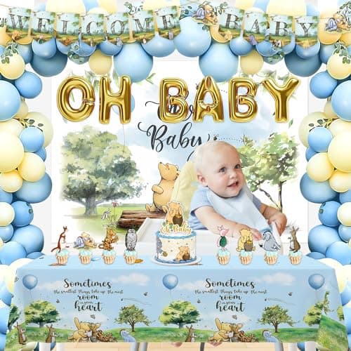 131 Pcs Classic Bear Baby Shower Oh Baby Balloons, Vintage Boy Baby Shower Decorations, Classic the Pooh Backdrop Tablecloth Cake Topper for Newborn Birthday Shower Decorations - Thumbnail 5