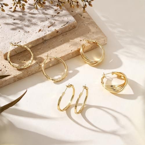 3 Pairs Huggie Hoop Earrings Set for Women, Hypoallergenic 14K Gold Plated Hoops Stacks for Multiple Piercings, Lightweight Cartilage Studs Trendy Jewelry Gift - Thumbnail 2