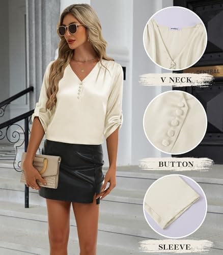 2026 Womens 3/4 Sleeve Shirts Dressy Casual Tops Pleated Satin Silk Business Blouses Apricot - Thumbnail 5