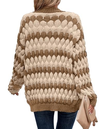 KIRUNDO Cardigan Sweaters for Women Trendy Fall Lantern Long Sleeve Open Front Striped Color Block Cable Knit Sweater Jackets Winter Coats Boho Cardigan Khaki(Khaki, Large) - Thumbnail 2