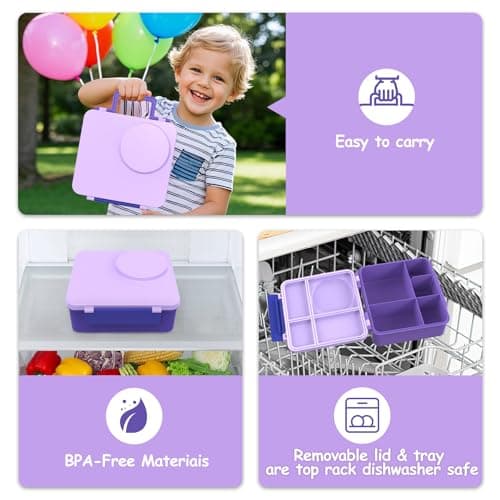Bento Lunch Box Set for Kids with 8oz Soup Thermo, Leak-Proof Lunch Containers with 4 Compartment, Thermo Hot Insulated Food Jar and Foldable Fork Spoon for Kids to School (Pale Purple) - Thumbnail 5