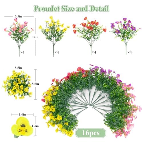 U'Artlines Artificial Flowers for Outdoor, 16 Bundles Realistic Pansies Fake Flower Plants with Eucalyptus, UV Resistant Colorful Silk Flower for Outside Planter Porch Garden Patio - Thumbnail 4