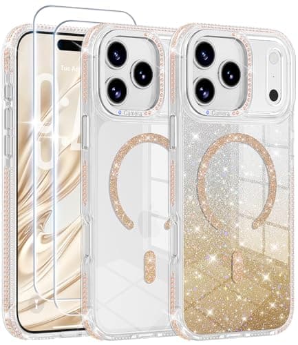JAME for iPhone 17 Pro Max Case, Compatible with MagSafe, Slim Clear Glitter Magnetic Girly Phone Case for Women Girls, 2 Screen Protectors, Rhinestone Trim & Glitter Card, Shockproof Cover, Gold