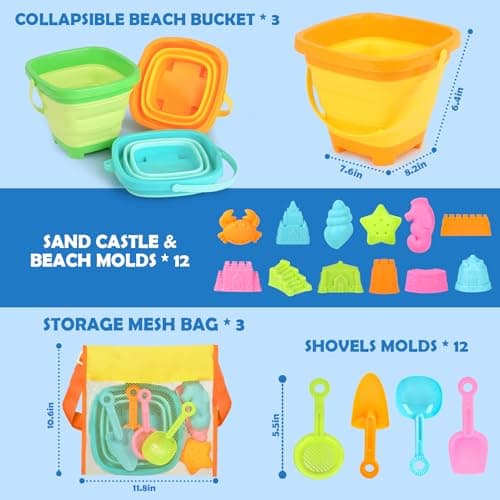 Dreamon Beach Toys for Kids 3-10, Collapsible Sand Toys Include 3 Pack Foldable Buckets with Mesh Bag, 24 PCS Beach Mold and Shovels Molds, Travel Sandbox Beach Toys for Toddler - Thumbnail 2
