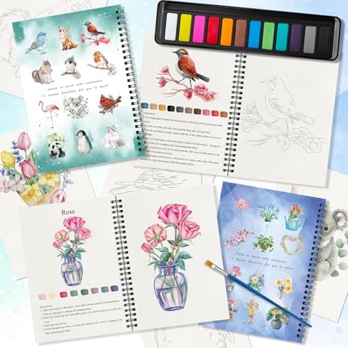 Elfew 2 Pack Watercolor Workbooks Coloring Books, 24 Pages Beginner Friendly Painting Kit, Detailed Steps, 12 Colors Paint Set with Brush, Stress-Relieving Gift for Adults & Women (Animals & Flowers) - Thumbnail 3