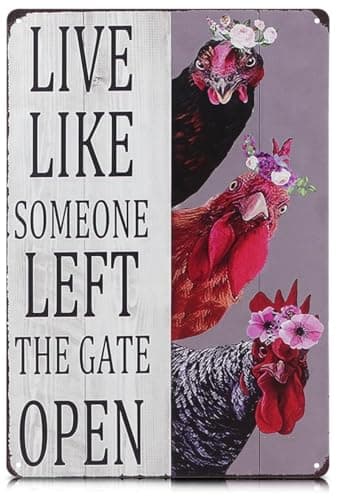Metal Funny Chicken Coop Signs for Outside 8x12 inch - Live Like Someone Left The Gate Open Sign – Rustic Tin Farmhouse Wall Art and Vintage Chicken Decor for Kitchen, Porch, Barn, Backyard, or Garden - Image 1