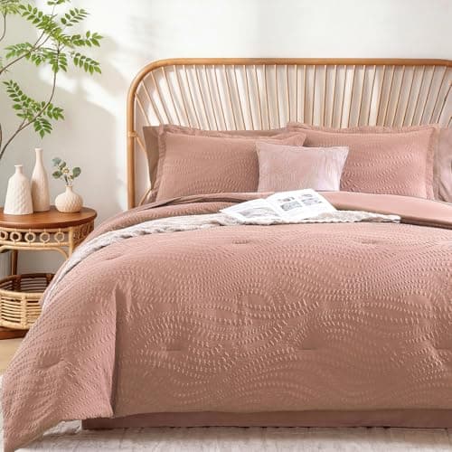 Geniospin Twin Comforter Set - 5 Pieces Dusty Pink Bedding Set, Botanical Textured Comforter Bed Set, All Season Lightweight Bed in a Bag with Comforter, Sheets, Pillowcases & Shams