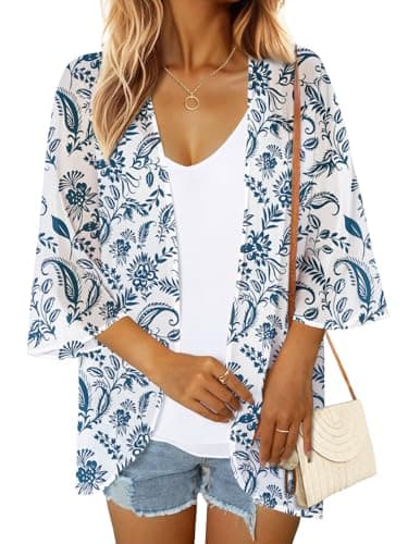 GKBK Women's Floral Print Puff Sleeve Kimono Cardigan Oversized Tropical Cruise Business Attire Tops Loose Cover Up Casual Blouse Tops Blue Floral L - Image 1