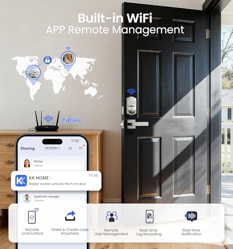 Veise VE012W-L Built-in Wi-Fi Fingerprint Smart Lock with Lever Handle Set, App Remote Control, Keyless Entry for Front Door, Deadbolt Digital Backlit Keypad, Voice Assistant, Auto Lock, Satin Nickel - Thumbnail 3