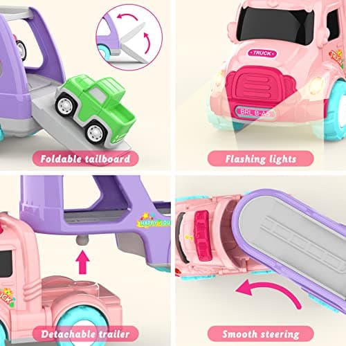 LASCOTON Toys for 1 2 3 Year Old Girl, 5-in-1 Carrier Truck for Toddler Girl, Friction Power Toy Cars with Light & Sound, Birthday Gifts, Pink - Thumbnail 4