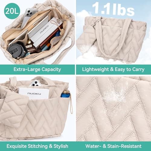 nuoku Puffer Tote Bag for Women, 20L Large Capacity, Lightweight Quilted Shoulder Bag with Multiple Compartments and Zipper for Work, Travel, Gym - Khaki - Thumbnail 6