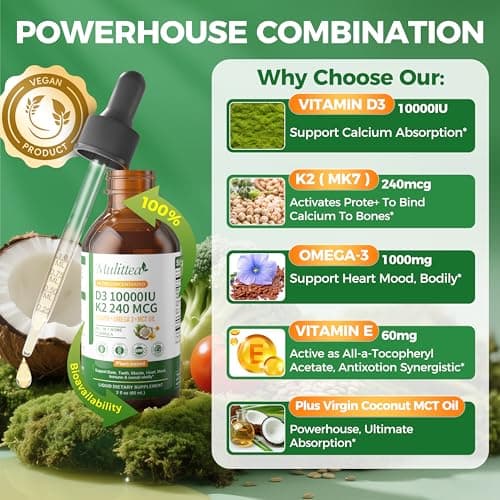 2 Pack Organic Vitamin D3 K2 Liquid 10000 IU w/ Vegan Omega-3 & Coconut MCT Oil - Maximum Strength Vitamin D Supplement, No Fillers, Non-GMO K2 as MK7 for Bones, Muscles & High Absorption-2 Fl Oz - Thumbnail 2