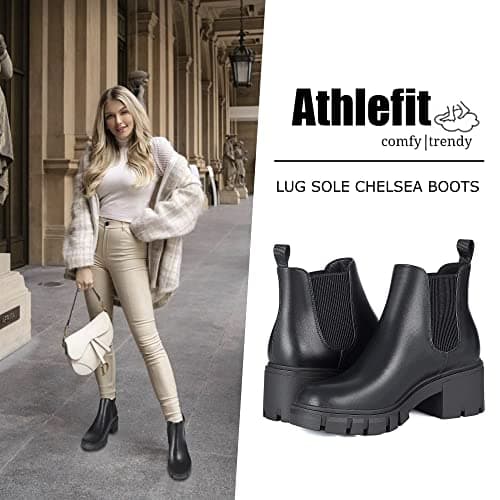 Athlefit Women's Chelsea Boots Fashion Lug Sole Chunky Heel Slip on Elastic Ankle Black Booties Size 9.5 - Thumbnail 2