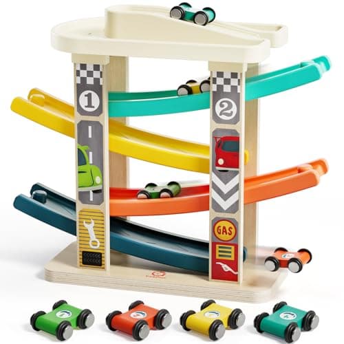 TOP Bright Toddler Wooden Race Track Car Ramp Toys for 1 2 Year Old Baby Motor Skills Race Tracks Car Ramp Vehicle Playsets with 4 Mini Cars and 1 Car Garage - Image 1