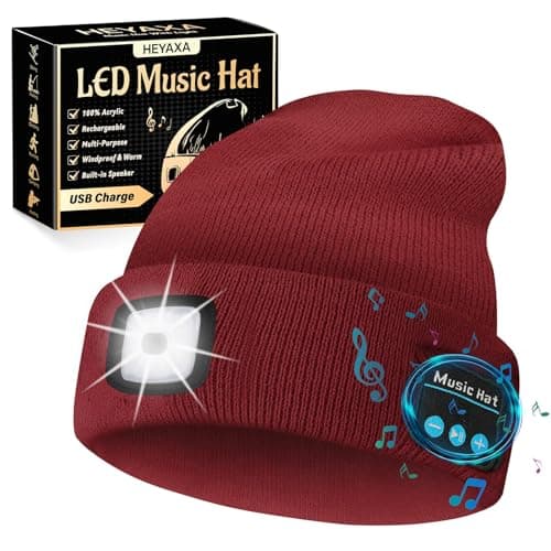 HEYAXA Bluetooth Beanie Hat, USB Rechargeable 4 LED Wireless Music Running Headlamp Cap, Fathers Day Dad Gifts for Husband, Dad, Birthday Gifts for Men, Dad, Father, Women, Him, Her, Red - Thumbnail 2