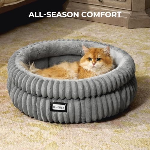 BALANCE Cat Bed Kitten Bed, Washable Round Cat Beds for Indoor Cats,Super Soft Plush Faux Fur Pet Bed for Puppy and Kitten with Anti-Slip Bottom - Thumbnail 4
