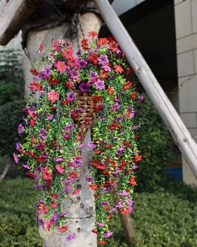 Artificial Hanging Flowers for Outdoors, 4 Pack Fake Hanging Plant for Spring Summer Decor, UV Resistant Faux Silk Flower for Planter Porch Patio Balcony Yard Decoration ( Light Purple & Rose Red) - Thumbnail 5