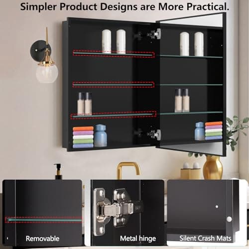 FOMAYKO 24x30 Inch Bathroom Medicine Cabinet with Mirror – Brushed Black Aluminum Frame, Surface Mount Single-Door Storage Cabinet, Black Bathroom Vanity Mirror Cabinet - Thumbnail 5